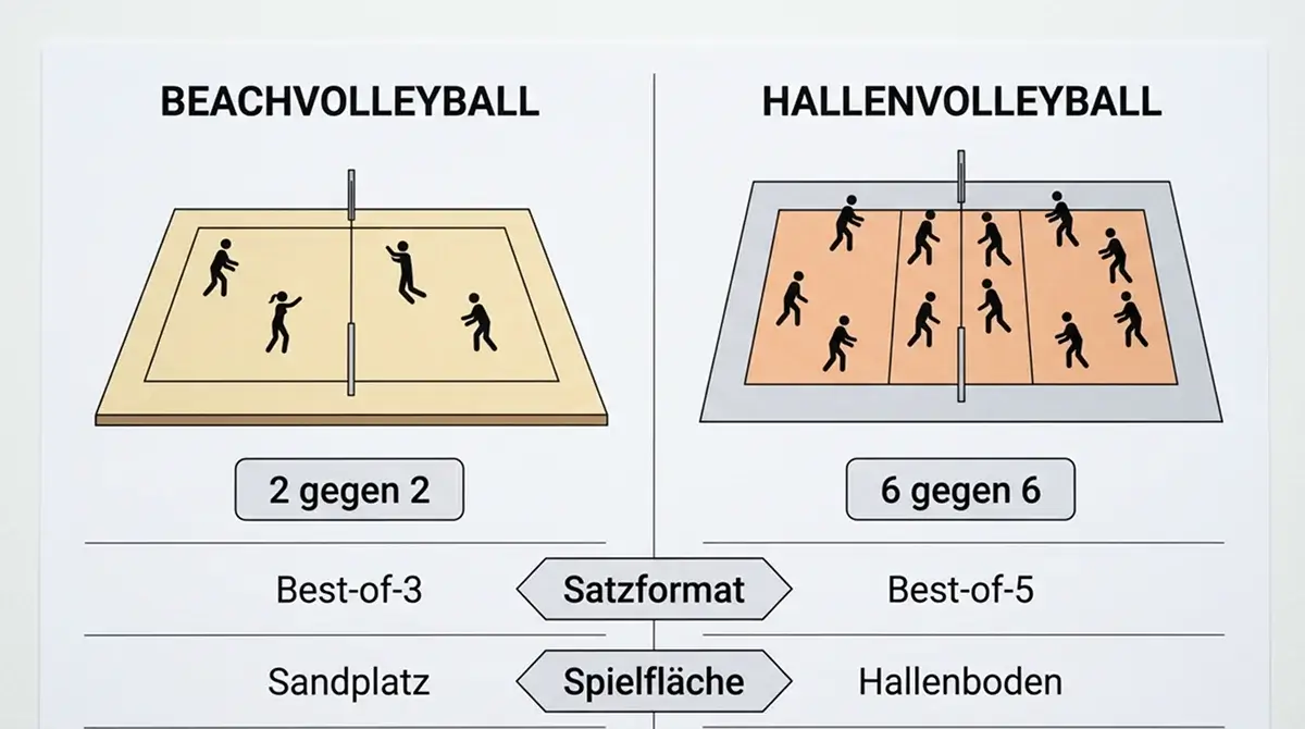 Vergleichsdarstellung Beachvolleyball versus Hallenvolleyball Wettstruktur zeigt Teamgröße Satzformat und Markttiefe-Unterschiede
