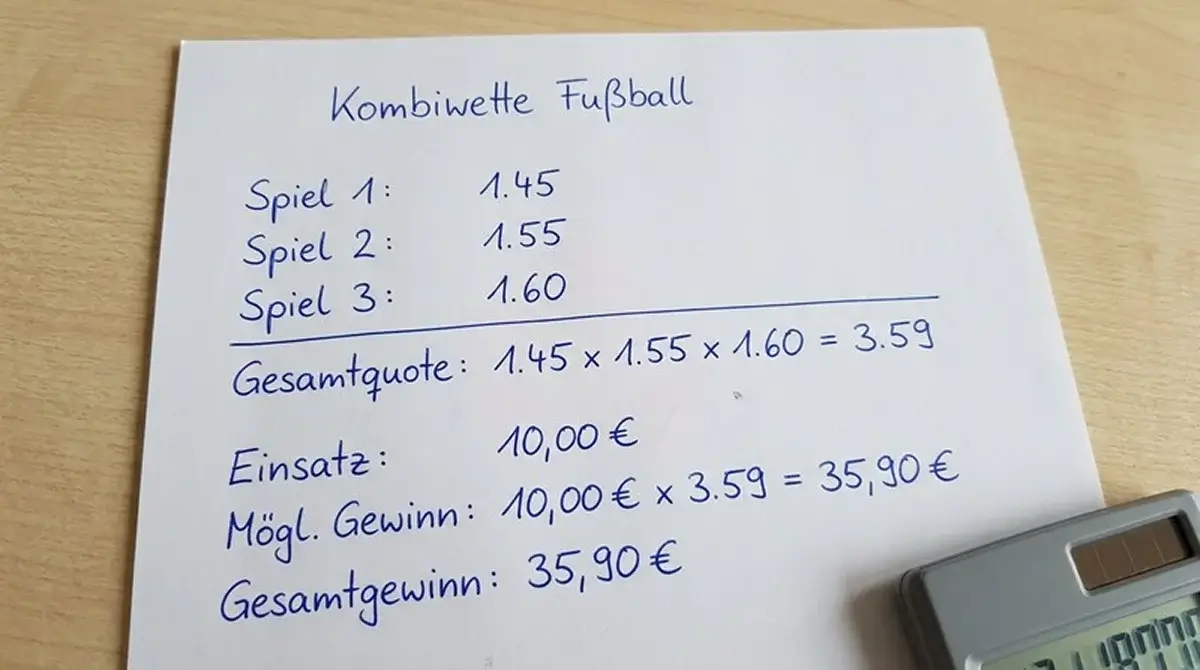 Rechenbeispiel einer Volleyball 3er Kombiwette mit Quoten 1,45 mal 1,55 mal 1,60 und berechneter Gesamtquote