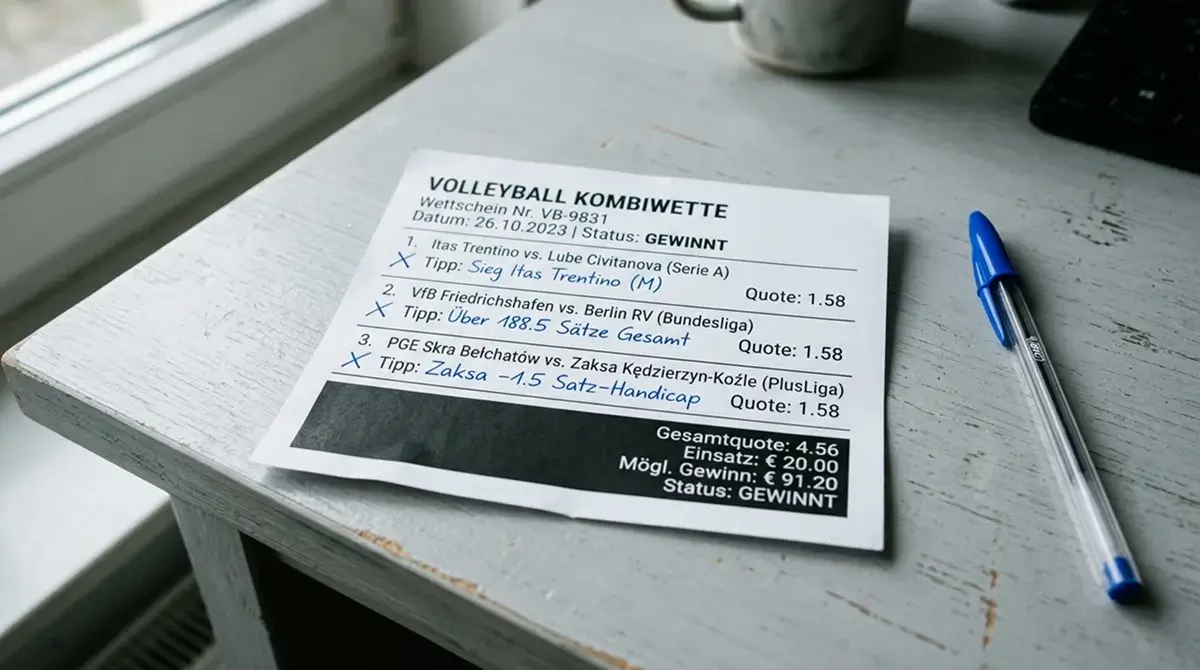 Fertiger Volleyball Wettschein mit drei kombinierten Märkten aus Siegwette Satz-Handicap und Satzwette