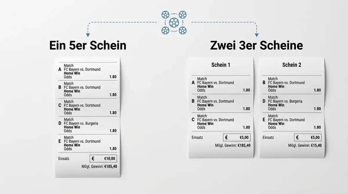 Vergleich der Wettstrategien fünf Beine als ein 5er Kombischein versus zwei 3er Scheine aufgeteilt beim Volleyball