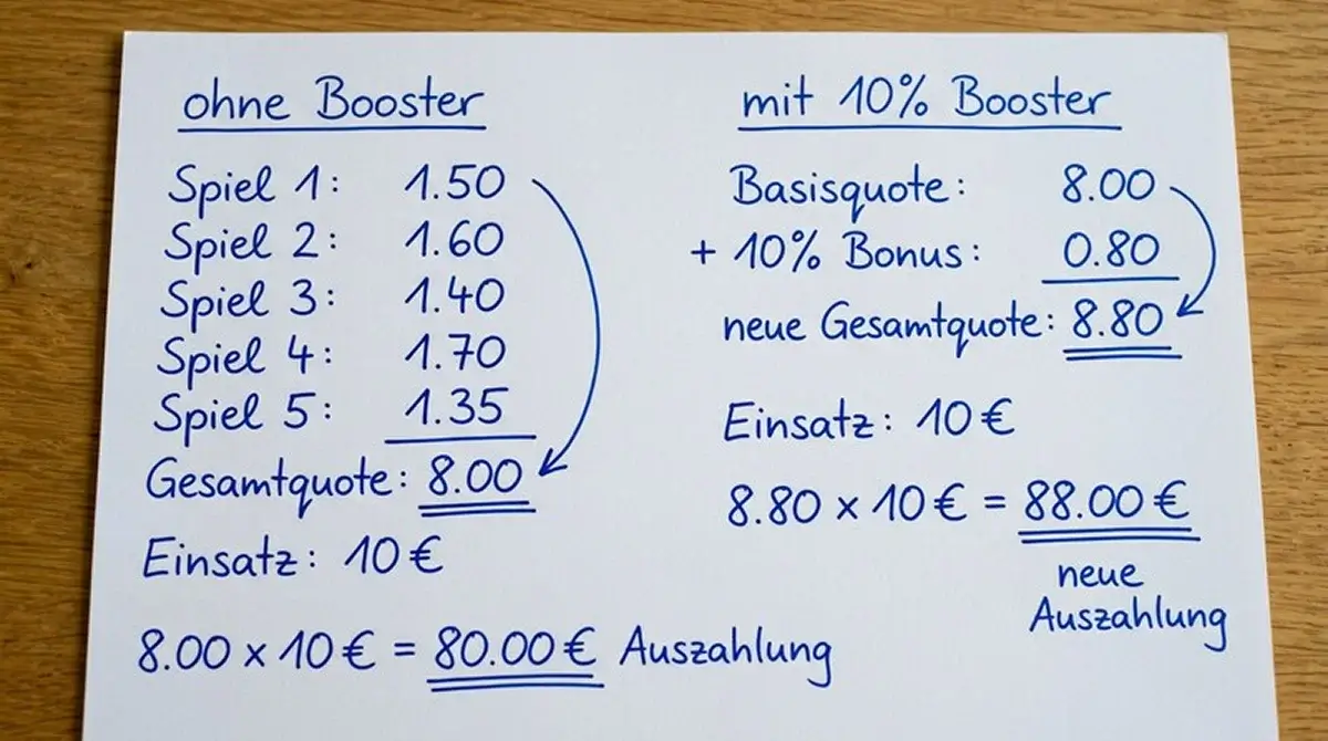 Rechenbeispiel eines Volleyball 5er Kombischeins mit Kombi-Booster Vergleich der Auszahlung mit und ohne Aufschlag