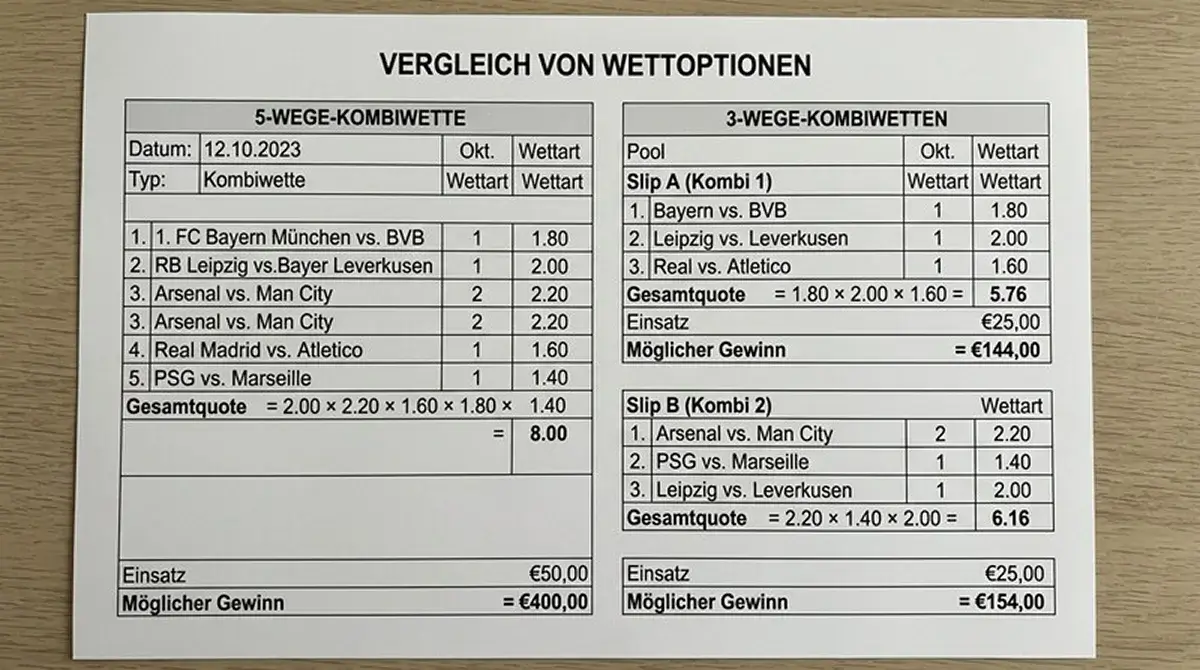 Direkter Vergleich eines Volleyball 5er Kombischeins und zweier 3er Kombinationen mit gleichen Spielen und unterschiedlicher Auszahlungsstruktur
