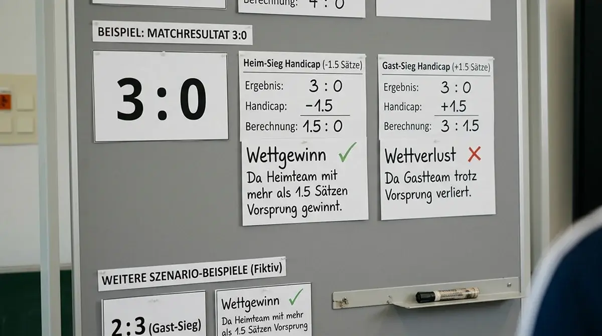 Erläuterung des Satz-Handicaps beim Volleyball mit Beispielen für -1,5 und +1,5 im Kombischein
