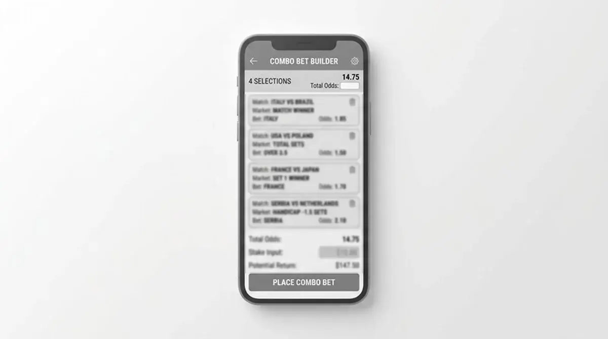 Mobile Interface einer Sportwetten-App mit Volleyball Kombischein und Live-Quoten