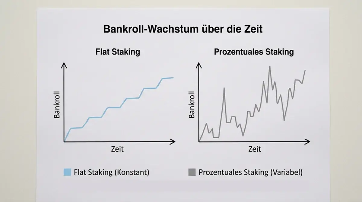 Vergleichsdiagramm Flat Staking versus prozentuales Staking für Volleyball Kombiwetten mit langfristiger Bankroll-Entwicklung