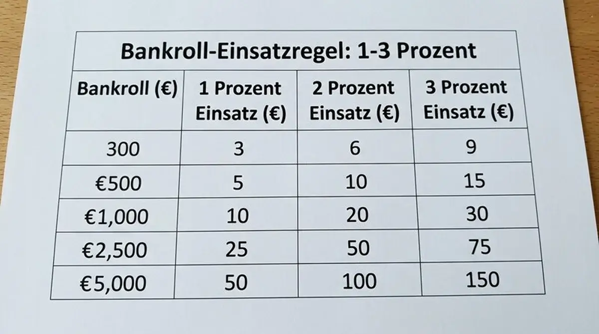 Tabelle der 1-bis-3-Prozent Bankroll-Regel für Volleyball Kombiwetten mit Beispielrechnungen für verschiedene Bankroll-Größen