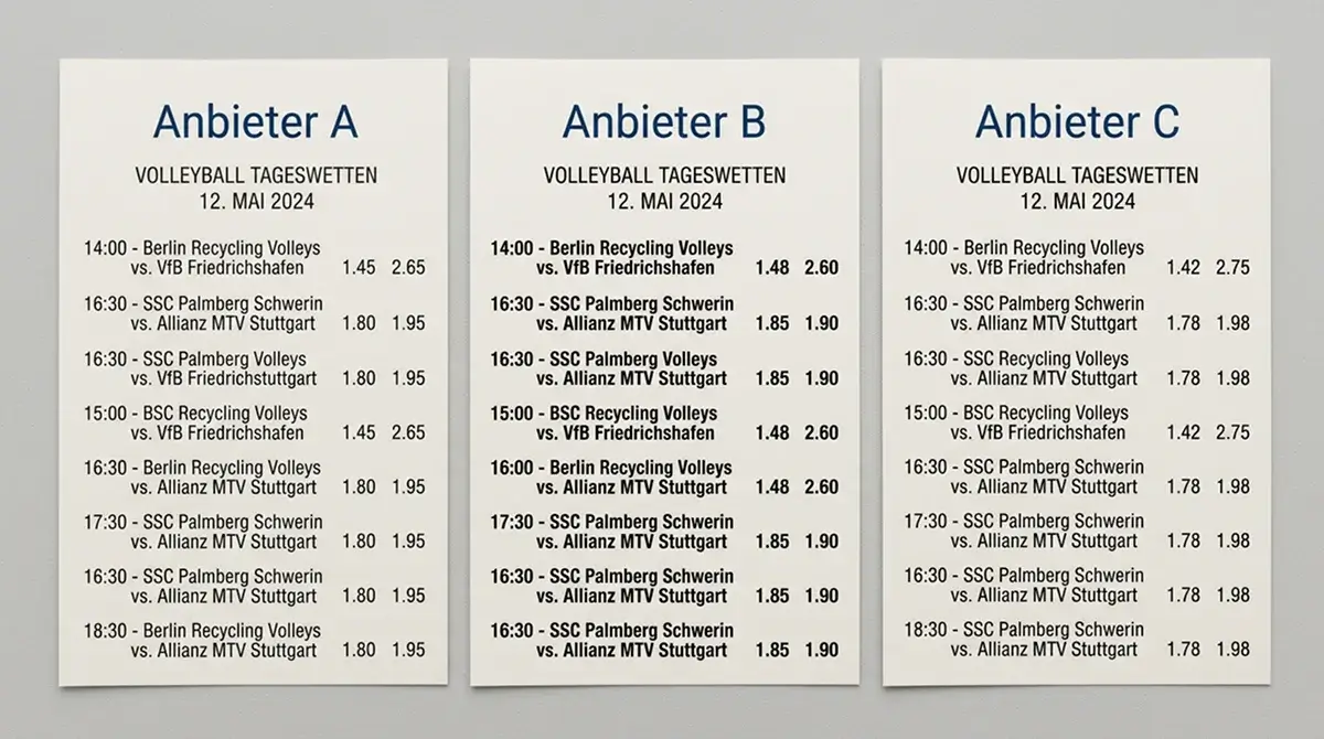 Vergleich der Volleyball Wettquoten mehrerer GGL-lizenzierter Anbieter für denselben PlusLiga Spieltag