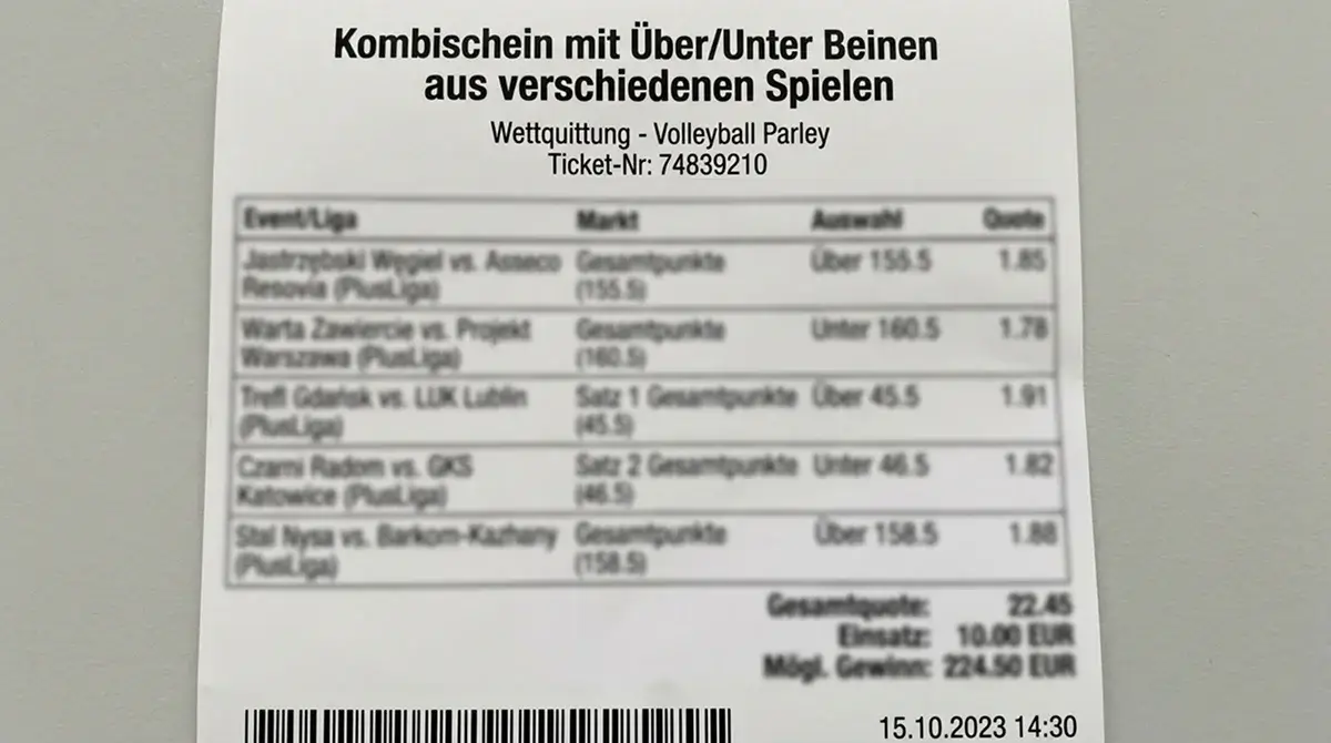 Aufbau eines Volleyball-Kombischeins mit Über/Unter-Beinen aus verschiedenen Ligen und Spielen