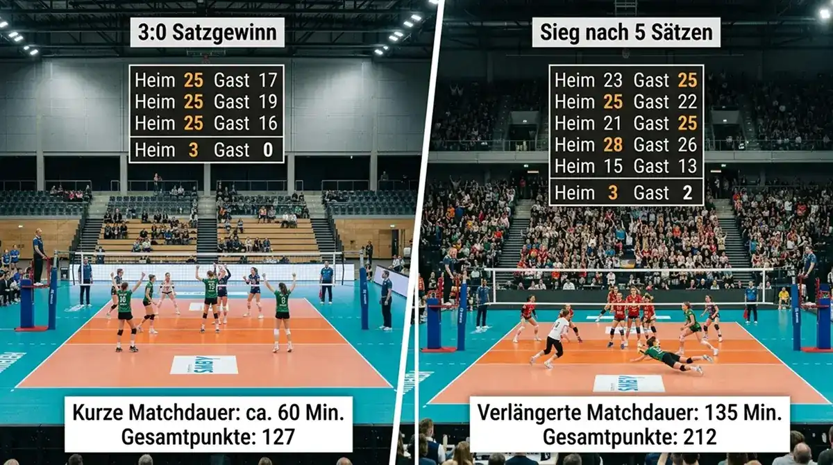 Analyse der Matchlänge beim Volleyball – Vergleich 3:0 versus 5-Satz-Spiel für Total-Linien