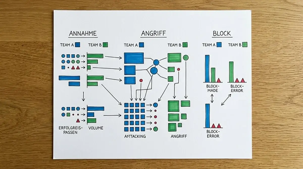 Match-Statistiken für Volleyball Kombischeine – Block, Angriff und Annahme im Vergleich
